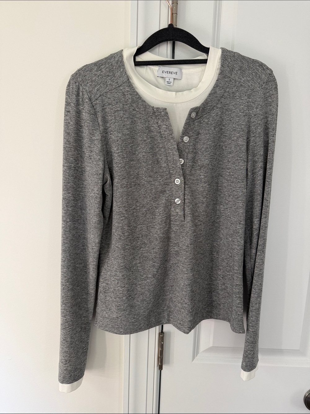 Evereve Gray Long-Sleeve Layered Henley with White Trim